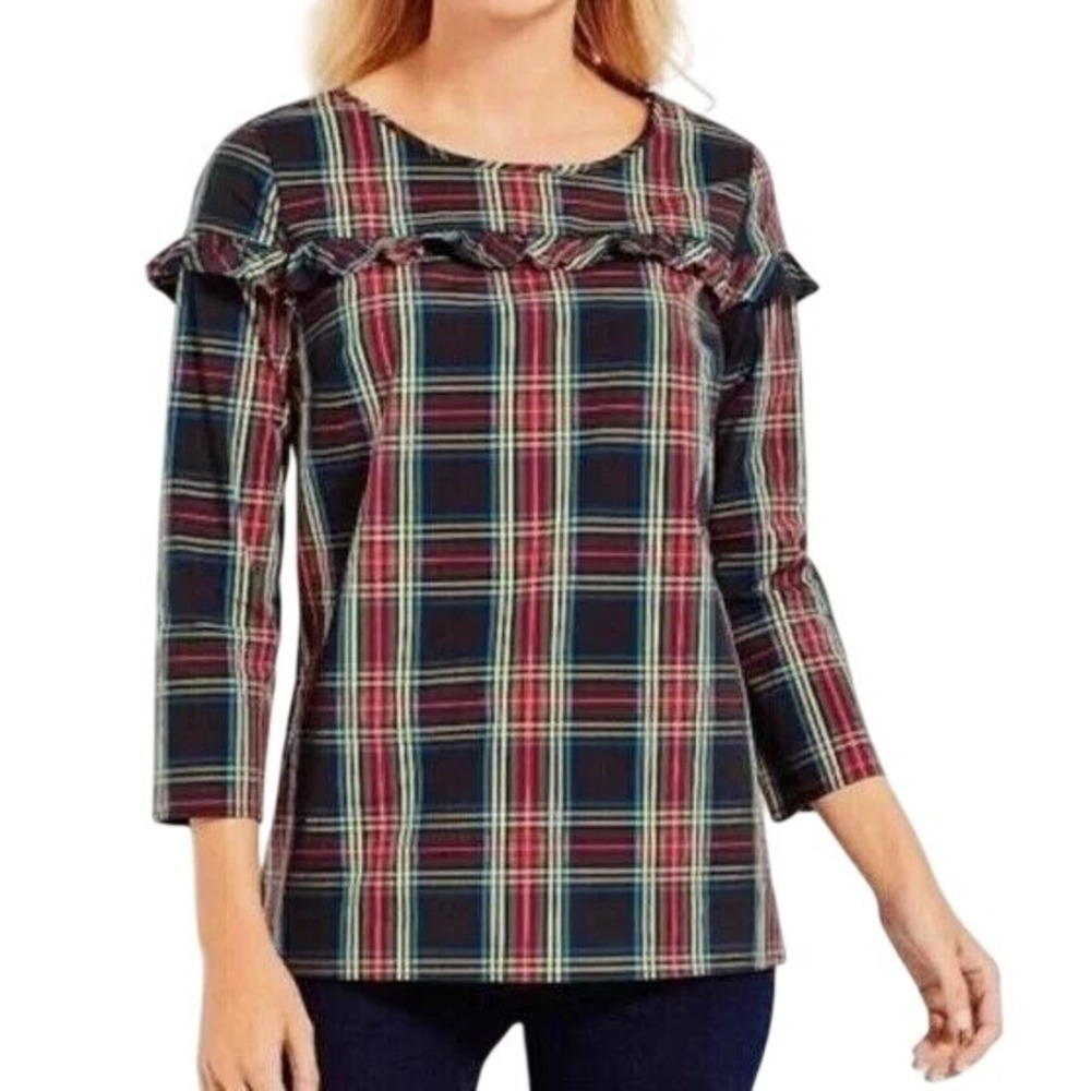 Talbots Tartan Plaid Blouse Women Large Black Multi Ruffle Trim Preppy Holiday